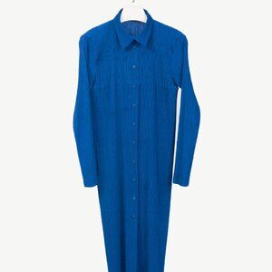 Issey Miyake Cobalt-Blue Pleated Long-Sleeve Buttoned Maxi Dress